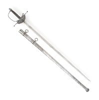 Schalenrapier (Glockenrapier), im spanischen Stil, französisch um 1846. Gefäss signiert von Manceaux, Paris. Klinge von der königl. Manufaktur Châtellerault signiert und 1846 datiert. 